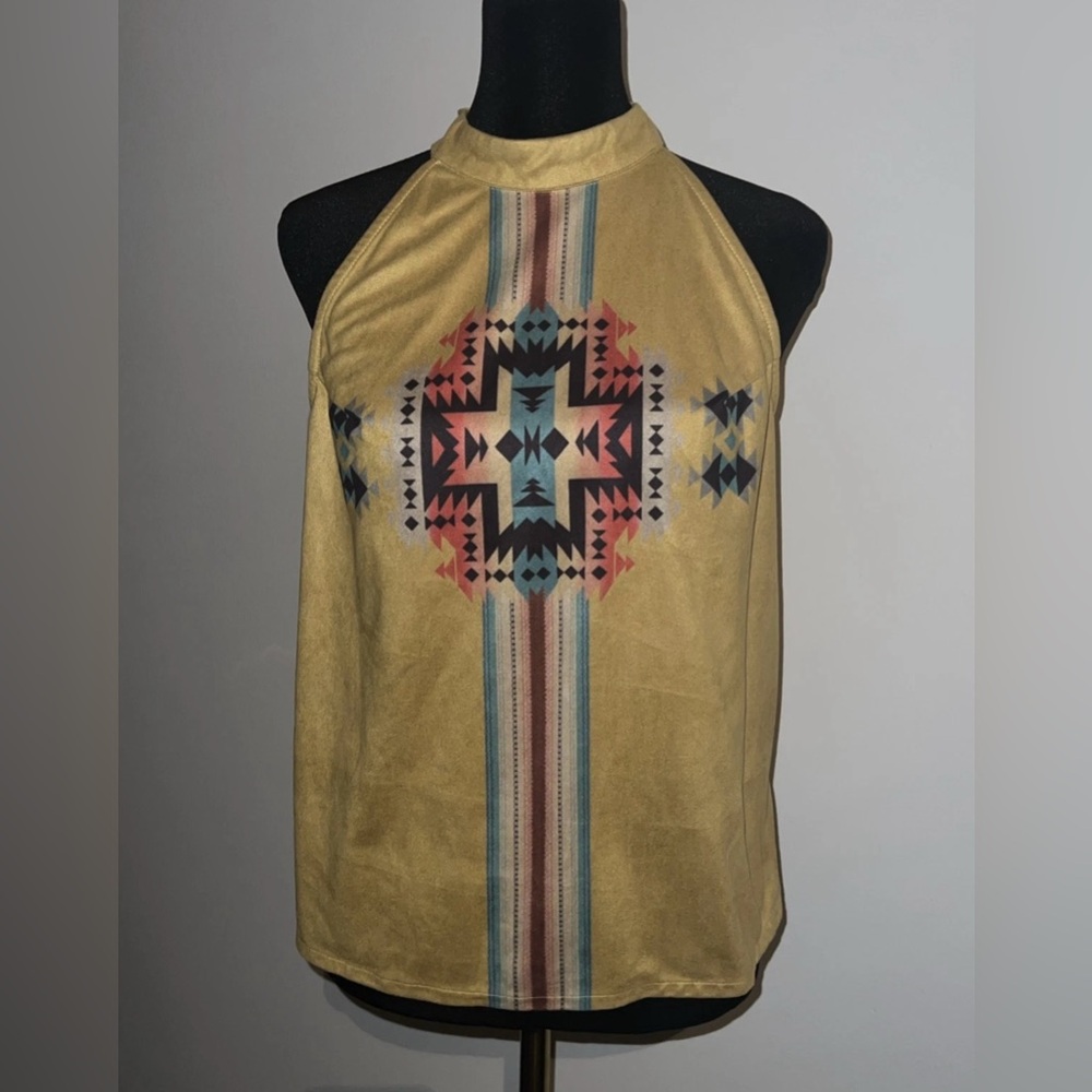 Chic Y2K Tan Geometric Print Halter Tank Top